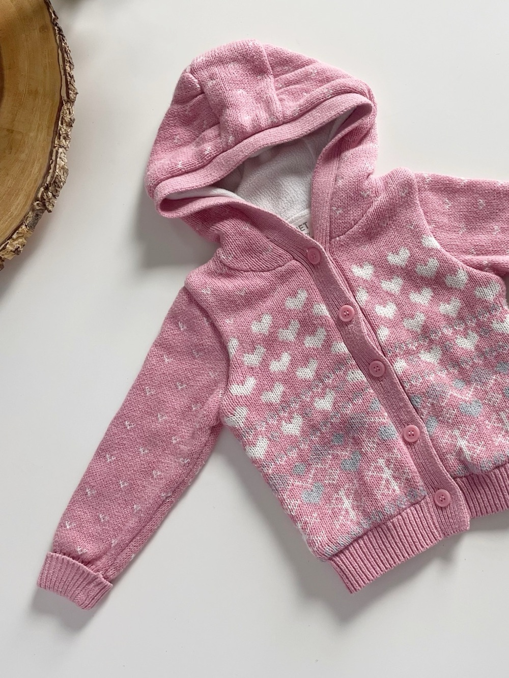 Net Baby Retro Pink Heart Knit Sweater Fleece Lined Hooded Jacket | 12-18m